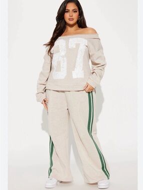 Cozy Beige Lounge Set with Green Stripes